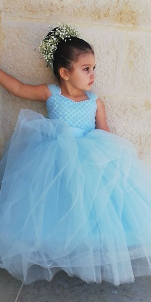 Blue Tulle A-Line Sleeveless Flower Girl Dresses, Popular Lace Little Girl Dresses, TYP1416