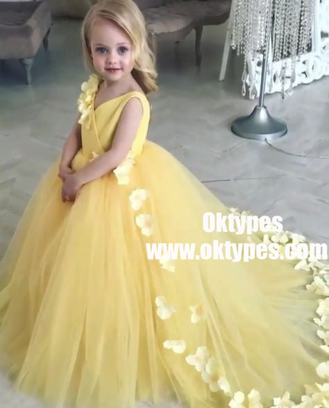 Ball Gown V-Neck Sweep Train Yellow Tulle Flower Girl Dress with Flowers, TYP0966