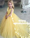 Ball Gown V-Neck Sweep Train Yellow Tulle Flower Girl Dress with Flowers, TYP0966