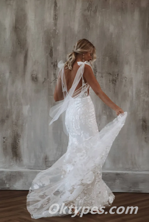 Gorgeous White Lace Spaghetti Straps Deep V-Neck Open Back Mermaid Long Wedding Dresses,WDS0127