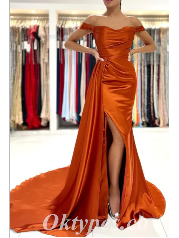 Sexy Burnt-Orange Satin Off Shoulder Side Slit Mermaid Long Prom Dresses With Trailing,PDS0600