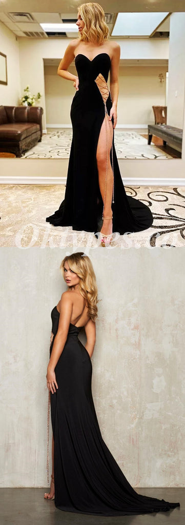 Sexy Black Satin Sweetheart Sleeveless Side Slit Mermaid Long Prom Dresses,PDS0707