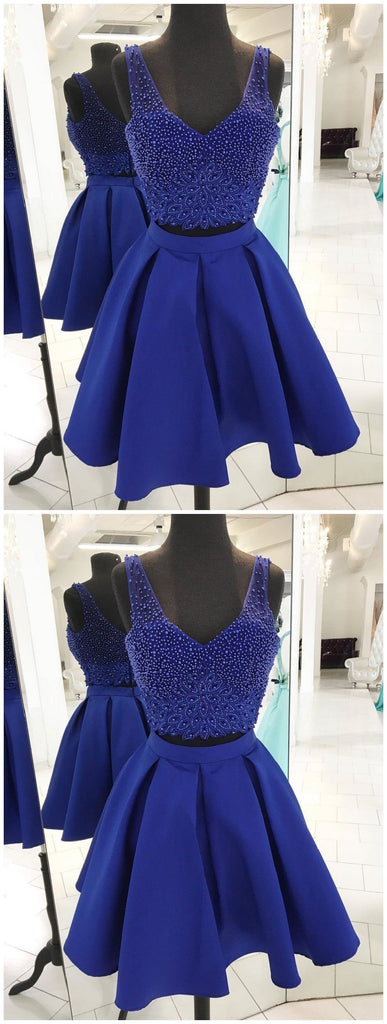 V Neck Beaded Royal Blue Two Piece Homecoming Dresses, CM500