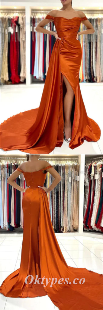 Sexy Burnt-Orange Satin Off Shoulder Side Slit Mermaid Long Prom Dresses With Trailing,PDS0600