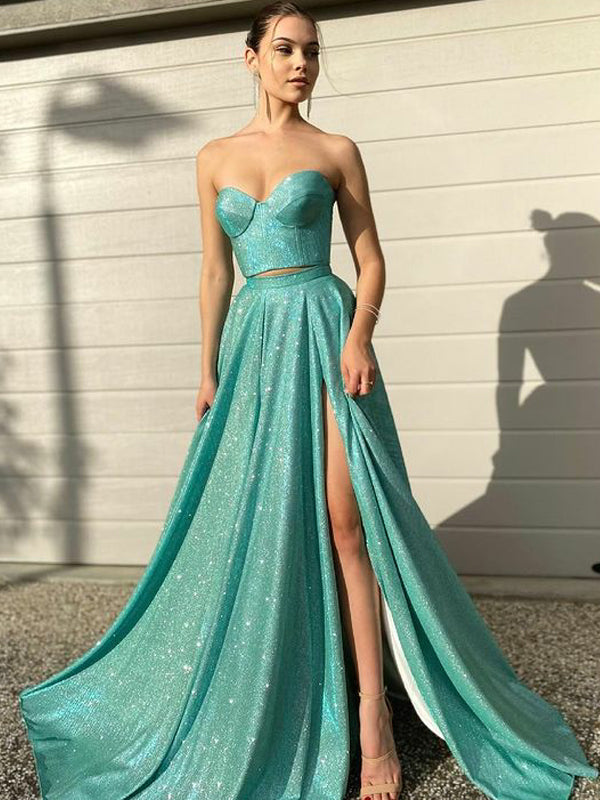 Two-piece Sweetheart A-line Side Slit Satin Long Prom Dresses, PDS0169