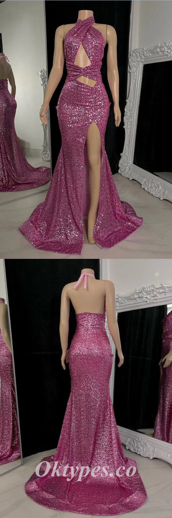 Sexy Sequin Halter Sleeveless OPen Back Side Slit Mermaid Long Prom Dresses,PDS0534