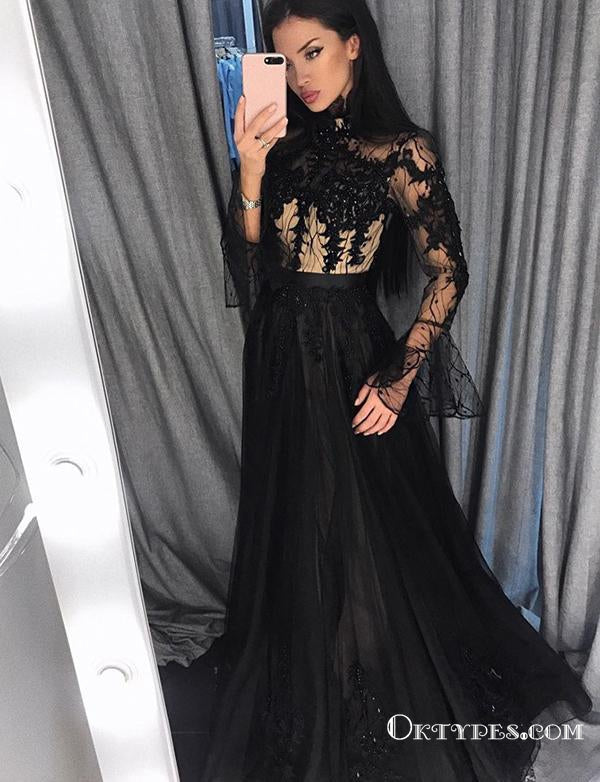 Black Long Sleeves High Neck Evening Gowns with Appliques Prom Dresses, TYP1905