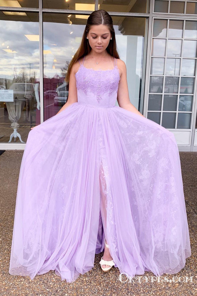 Charming Spaghetti Straps Tulle Long Lilac Long Cheap Prom Dresses, TYP1897