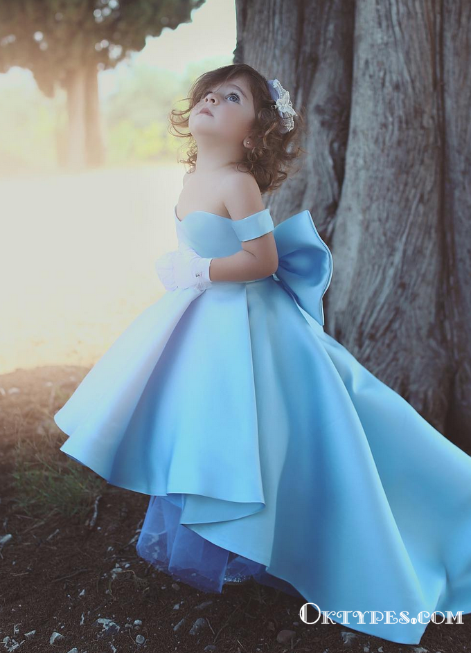 Lovely Bow Simple Blue Satin Off-the-Shoulder Flower-Girls Dresses, TYP1955