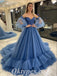 Elegant Tulle Off Shoulder V-Neck Long Sleeve A-Line Long Prom Dresses/Ball Gown With Applique,PDS0640