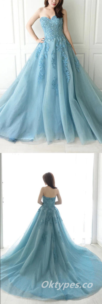 Elegant Blue Tulle Sweetheart Applique A-Line Long Prom Dresses,PDS0439