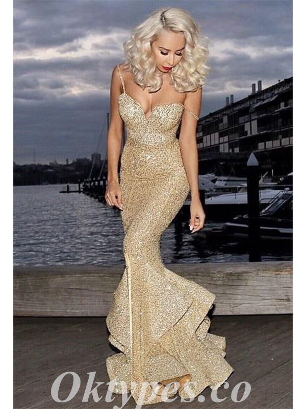 Sexy Gold Sequin Spaghetti Straps V-Neck Sleeveless Mermaid Long Prom Dresses,PDS0508