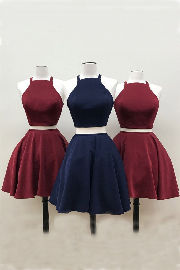 Simple Two Pieces Halter Burgundy Cheap Short Homecoming Dresses 2018, CM553