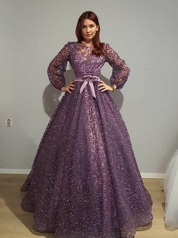 Elegant A-line Lace Long Sleeve Ball Gown Long Prom Dresses, PDS0170