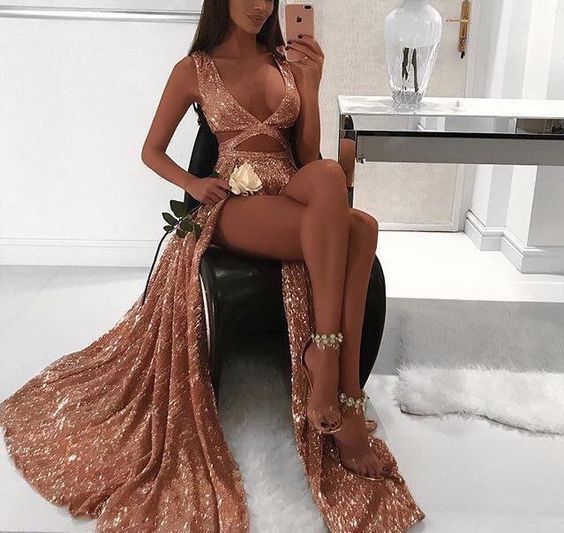 Charming Sexy Sequin Sparkly Simple Rose Gold Prom Dresses, TYP1121