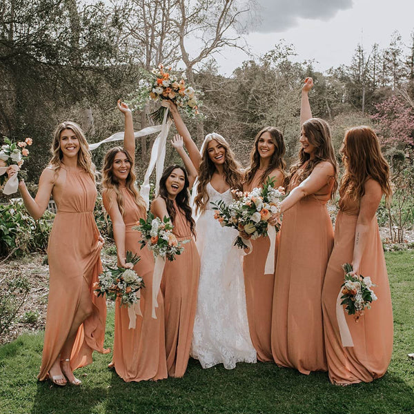 Sheath Crew Long Cheap Dusty Orange Chiffon Bridesmaid Dresses with Split, TYP1369