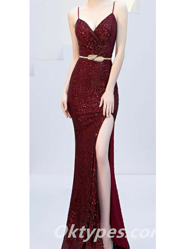 Elegant Sequin Spaghetti Straps V-Neck Side Slit Mermaid Long Prom Dresses ,PDS0384