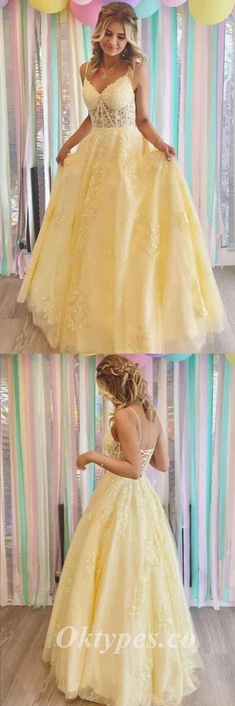 Elegant Yellow Lace And Tulle Spaghetti Straps V-Neck Lace Up Back A-Line Long Prom Dresses,PDS0593