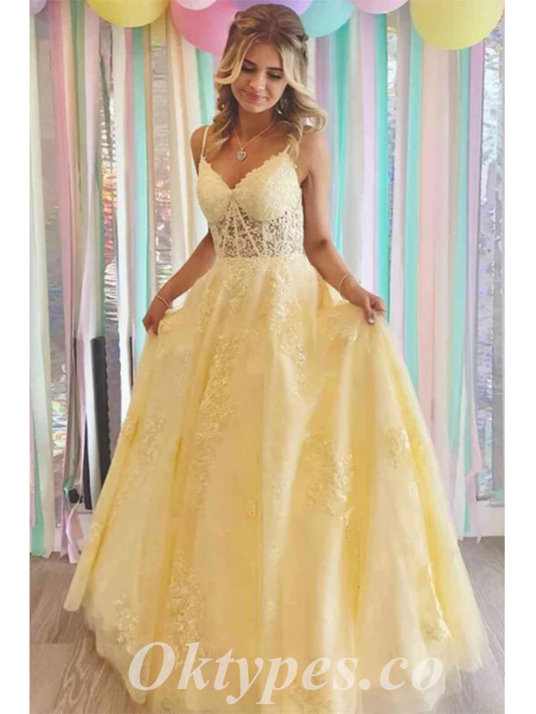 Elegant Yellow Lace And Tulle Spaghetti Straps V-Neck Lace Up Back A-Line Long Prom Dresses,PDS0593