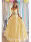 Elegant Yellow Lace And Tulle Spaghetti Straps V-Neck Lace Up Back A-Line Long Prom Dresses,PDS0593