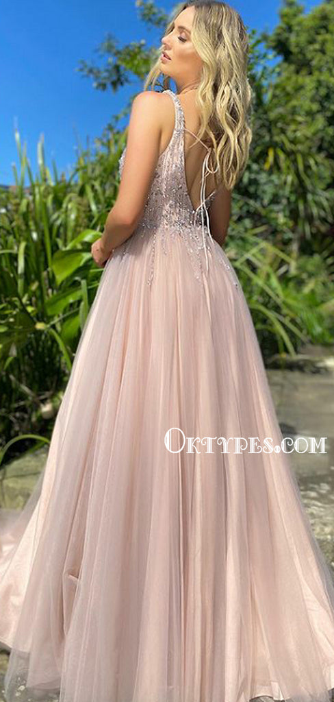 Newest V-neck A-line Tulle V-back Cheap Long Prom Dresses, PDS0162