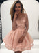 A-Line Bateau Plush Pink Long Sleeve Tulle Homecoming Dresses with Appliques, TYP1081