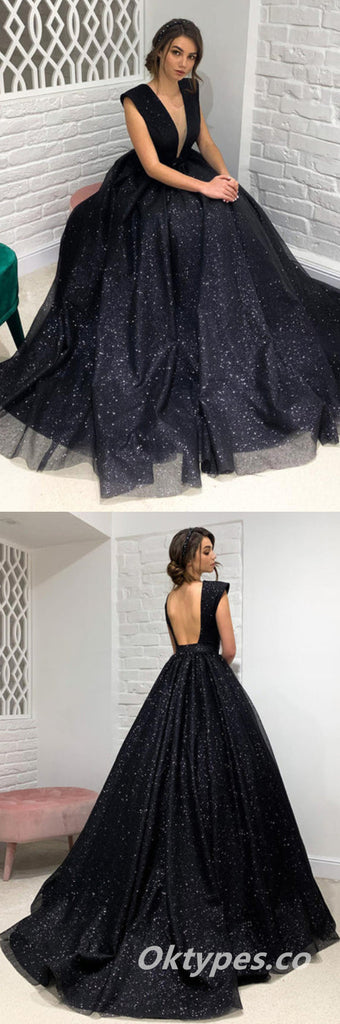 Black Shiny Tulle Spaghetti Straps V-Neck Backless A-Line Long Prom Dresses,PDS0432