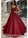 Elegant Satin And Lace Spaghetti Straps V-Neck Sleeveless Lace Up A-Line Long Prom Dresses, PDS0843