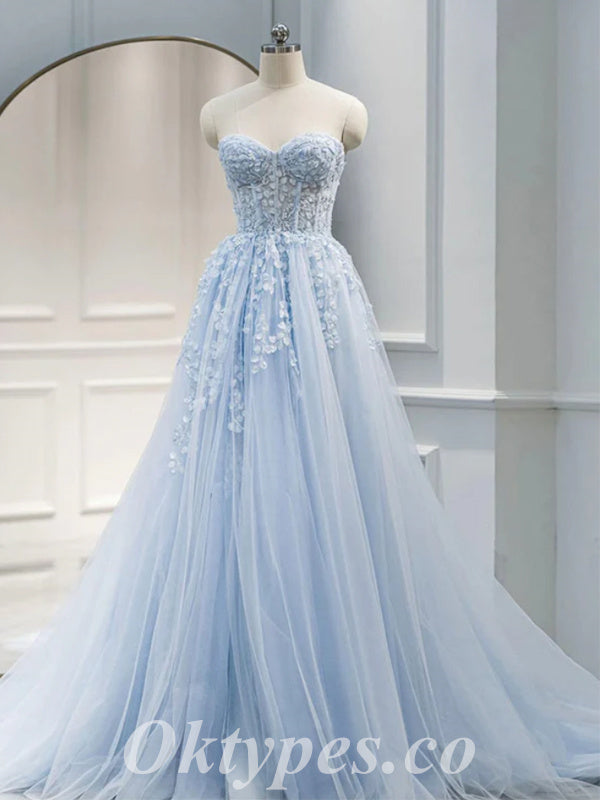 Elegant Blue Tulle Sweetheart V-Neck Sleeveless A-Line Long Prom Dresses/Ball Gown With Applique,PDS0641