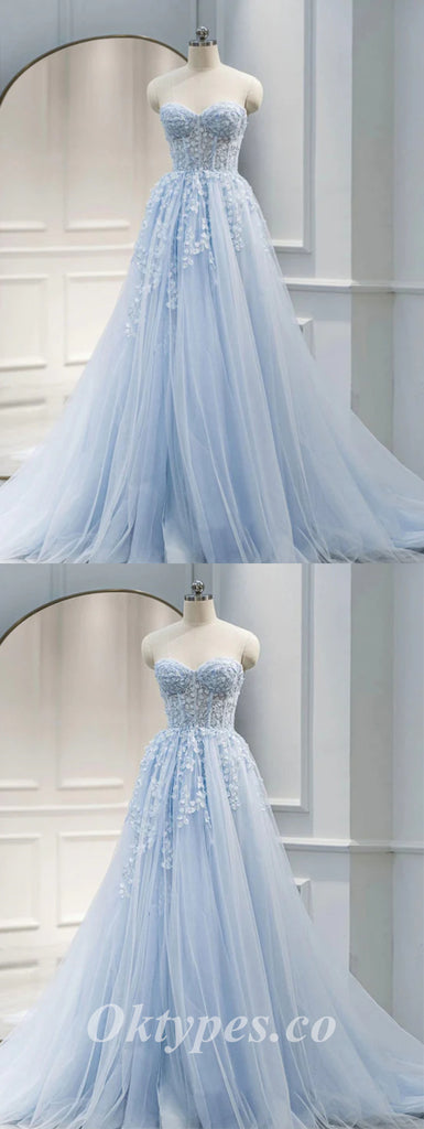 Elegant Blue Tulle Sweetheart V-Neck Sleeveless A-Line Long Prom Dresses/Ball Gown With Applique,PDS0641