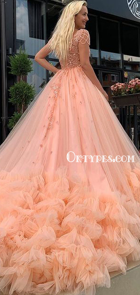 Charming V-neck A-line Tulle Beads Long Prom Dresses Ball Gown, PDS0224