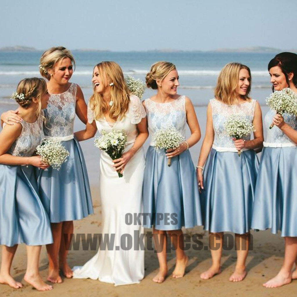 Popular Junior Pretty Blue Satin White Lace Short Bridesmaid Dresses for Summer Beach Wedding Party, TYP0400