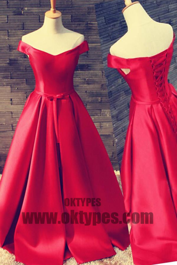 A-line Long Prom Dresses, Red Floor Length Prom Dresses, Off-shoulder Prom Dresses, Lace Up Prom Dresses, TYP0190