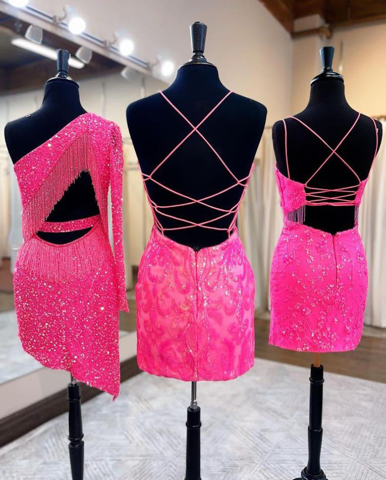 Mismatched Sequin Pink Prom Dress / Short Homecoming Dresses , HDS0088