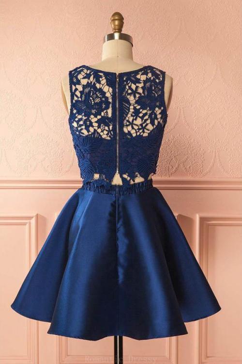 Sexy Two Pieces Navy Blue Illusion Lace Cheap Short Homecoming Dresses 2018, CM556