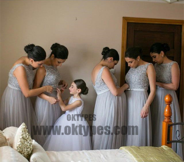 Silver Tulle Elegant Long Cheap Wedding Party Bridesmaid Dresses for Pregnant Girls, TYP0385