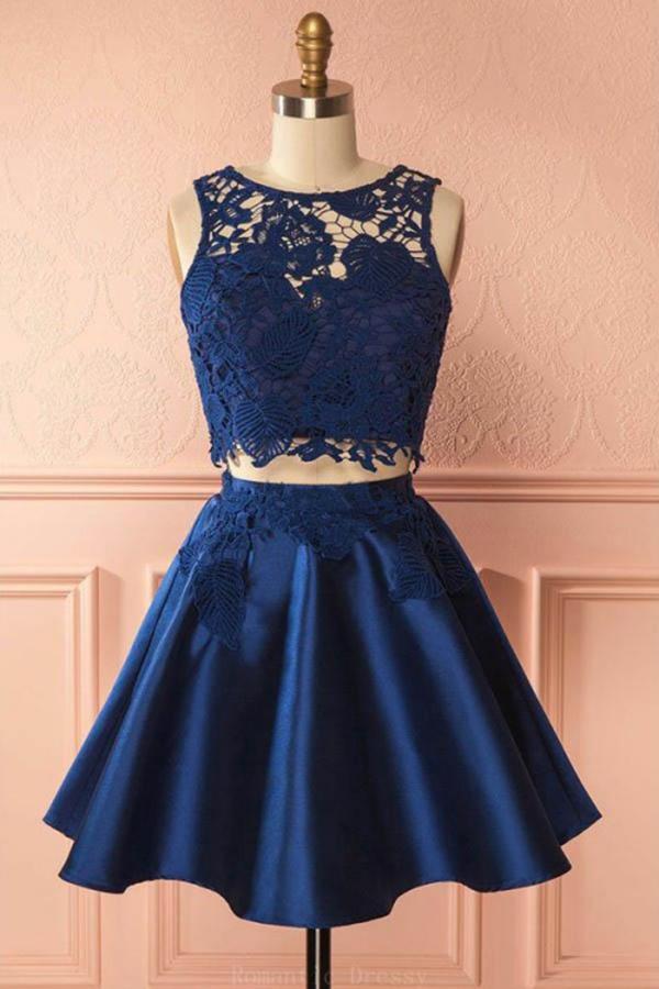 Sexy Two Pieces Navy Blue Illusion Lace Cheap Short Homecoming Dresses 2018, CM556