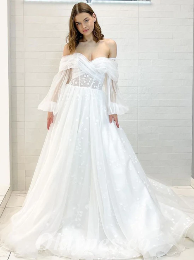 Elegant Off Shoulder Long Sleeves V-Neck A-Line Long Wedding Dresses,WDS0136