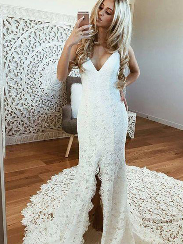 Sexy Spaghetti Straps Sleeveless White Lace Wedding Dresses with Split, TYP1111