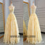 Spring Yellow Lace Customize Long A-line Senior Prom Dress, Long Lace Halter Evening Dress, TYP0455