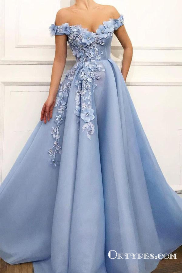 Light blue Off Shoulder A-line Long Prom Dresses With Flower Appliques, TYP1691