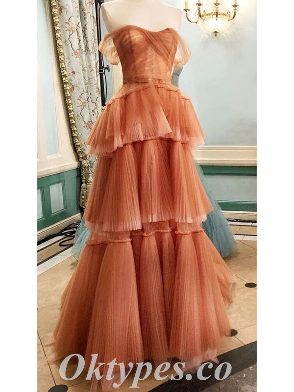 Elegant Tulle Off Shoulder Sleeveless A-Line Long Prom Dresses,PDS0719