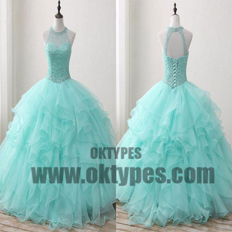 Ball Gown Long Green Sleeveless Open Back Lace up Beads High Neck Prom Dresses, TYP0465