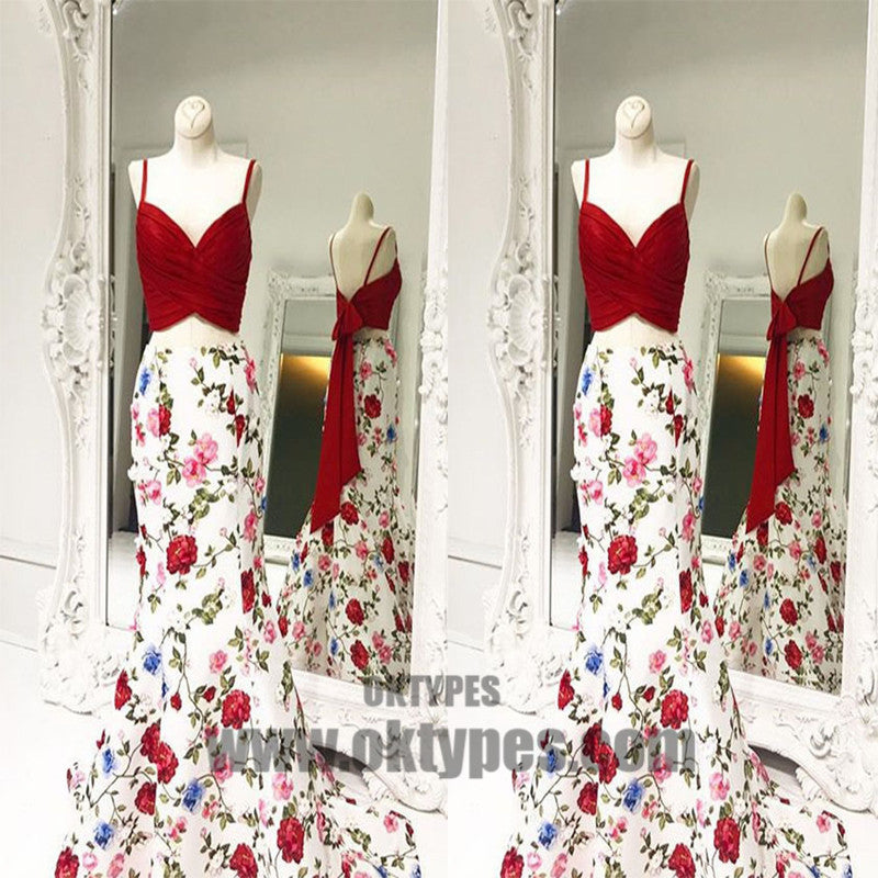 2 pieces Spaghetti Red Top Floral Mermaid Skirt Prom Dresses, Popular Prom Dresses, TYP0454