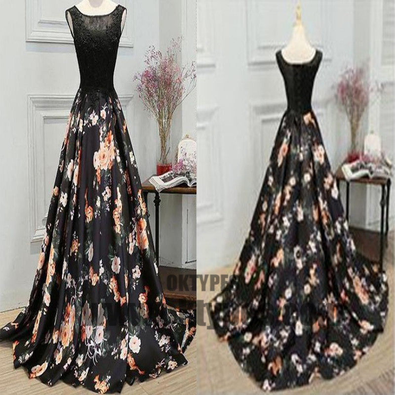 Black Scoop Neck Lace Bodice A-line Long Evening Prom Dresses, TYP0383