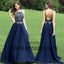 Navy Blue Chiffon Prom Dresses, Sexy Top Beading Halter Strap Prom Dresses, TYP0388