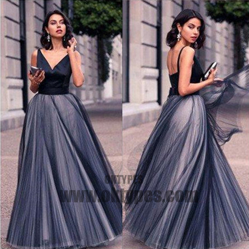 Long Floor Length Prom Dresses, V-neck Tulle Prom Dresses, Backless Prom Dresses, A-line Prom Dresses, TYP0213