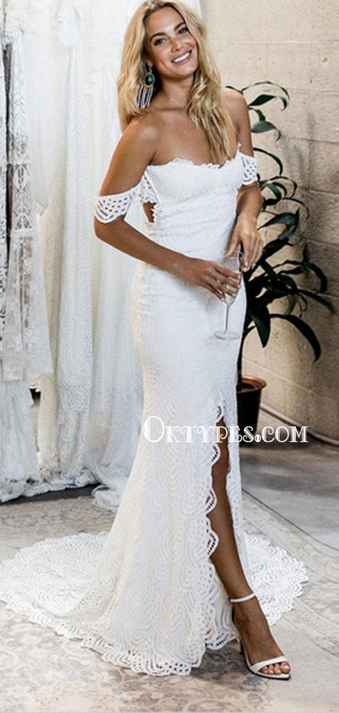 Mermaid Off-the-Shoulder Sweep Train White Lace Wedding Dresses with Split, TYP1180