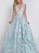 V-neck Sleeveless Blue tulle Appliques Prom Dresses, Affordable Long A-line Prom Dress, TYP0651