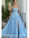 Elegant Blue Tulle Spaghetti Straps Side Slit A-Line Long Prom Dresses With Applique,PDS0730